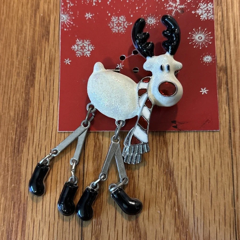 Vtg SEARS Articulated Reindeer Brooch Enamel Rudolf Red Nose Xmas Legs Move NEW